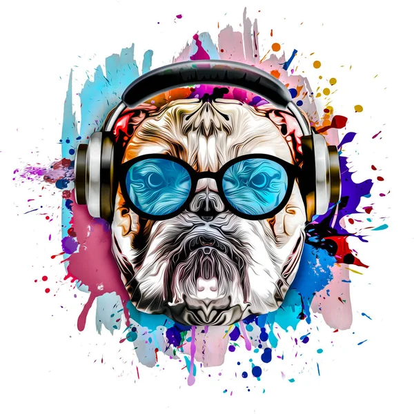 Abstract Gekleurde Hond Muilkorf Bril Koptelefoon Geïsoleerd Kleurrijke Achtergrond — Stockfoto