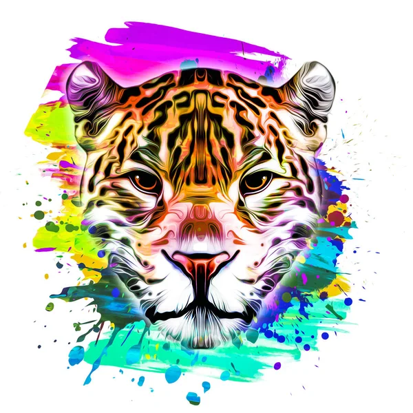 Abstrato Colorido Leopardo Focinho Isolado Fundo Branco Com Respingos Tinta — Fotografia de Stock