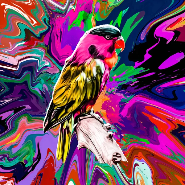 Αφηρημένο Χρωματιστό Παπαγάλο Στο Κλαδί Πολύχρωμο Φόντο Πιτσιλιές Χρώμα — Φωτογραφία Αρχείου