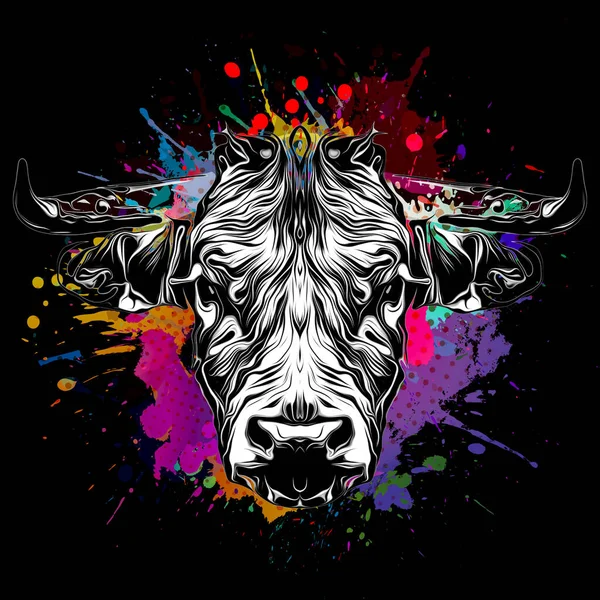 bull in colorful paint splashes on black background