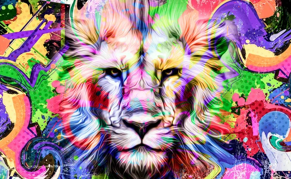 Львиная Голова Творческими Абстрактными Элементами Красочном Фоне — стоковое фото
