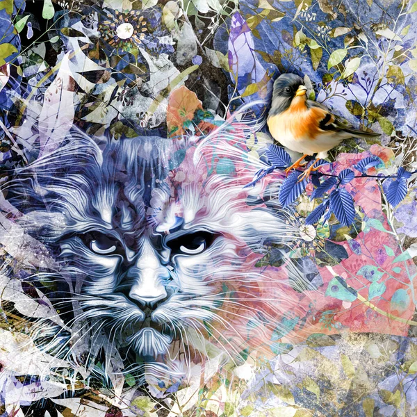 創造的なカラフルな花の要素を持つ猫の頭 — ストック写真