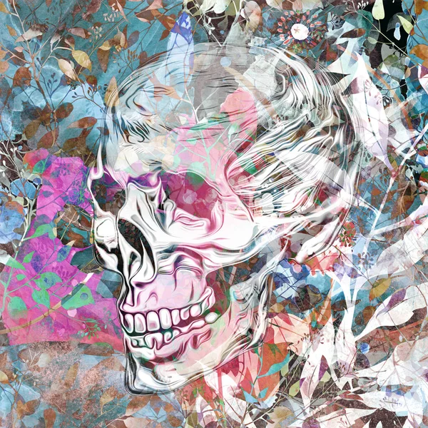 Crânio Branco Criativo Sobre Fundo Floral Colorido — Fotografia de Stock