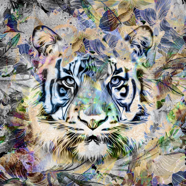 Cabeza Tigre Con Elementos Abstractos Creativos Sobre Fondo Colorido — Foto de Stock