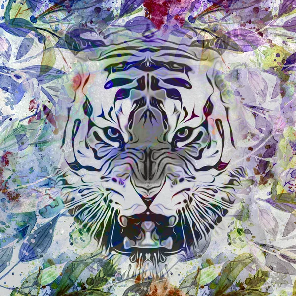 Cabeça Tigre Com Elementos Abstratos Criativos Fundo Colorido — Fotografia de Stock