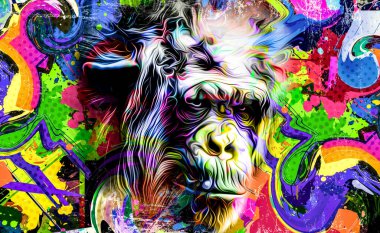 renkli arkaplanda yaratıcı soyut elementlere sahip maymun kafası