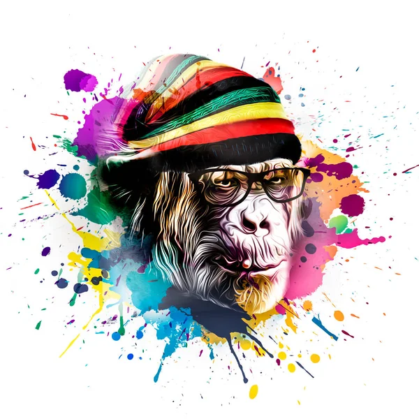 Reggae Şapkalı Gözlüklü Maymun Kafası Beyaz Arkaplanda Yaratıcı Soyut Elementlerle — Stok fotoğraf