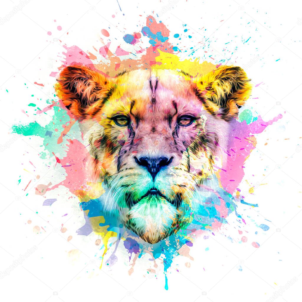 lioness head with creative abstract elements on white background