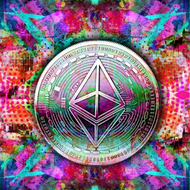 Renkli Etherium logosu, koyu arkaplanda soyut lekeler var.