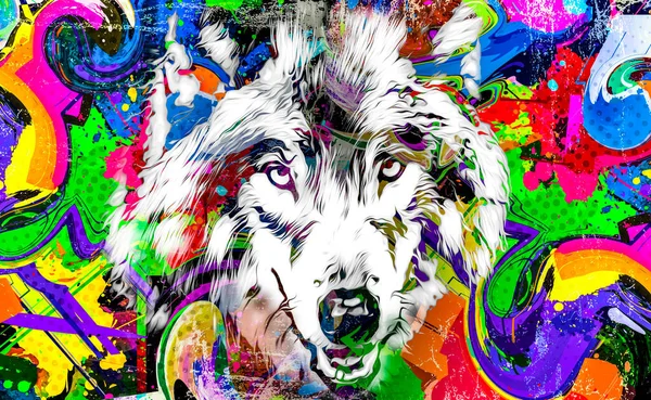 Wolfskopf Mit Kreativen Abstrakten Elementen Auf Buntem Hintergrund — Stockfoto