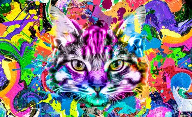 gözlüklü kedi kafası ve renkli arka planda yaratıcı soyut elementler