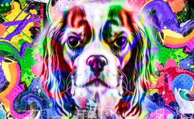 Gözlüklü köpek kafası ve koyu arkaplanda yaratıcı elementler.