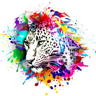 Beyaz arkaplanda izole edilmiş yaratıcı soyut elementlere sahip leopar başı, yakın görünüm 