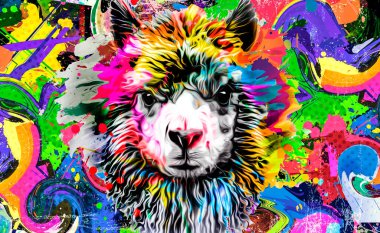 Koyu arkaplanda yaratıcı renkli soyut elementlere sahip alpaka başlığı