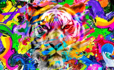 Koyu arkaplanda yaratıcı renkli soyut elementlere sahip kaplan kafası