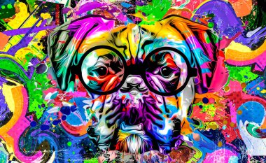 Renkli arka planda izole edilmiş gözlüklerle soyut renkli köpek ağızlığı