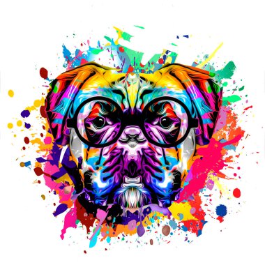 Beyaz arkaplanda gözlüklerle soyut renkli köpek ağızlığı