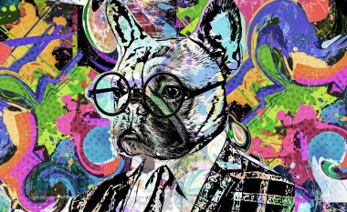 Koyu arkaplanda yaratıcı soyut unsurlar olan gözlüklü köpek kafası. 