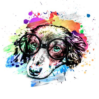 Beyaz arkaplanda gözlüklerle soyut renkli köpek ağızlığı