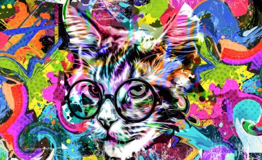 Koyu arkaplanda yaratıcı soyut elementlerle gözlüklü kedi kafası 
