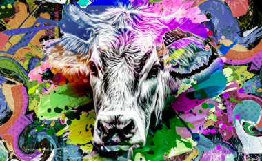 Koyu arkaplanda yaratıcı renkli soyut elementlere sahip boğa kafası.