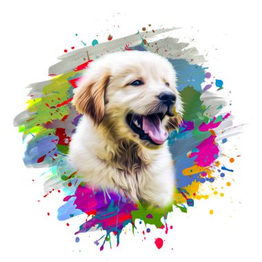 Beyaz arka planda yaratıcı soyut elementlere sahip yavru köpek kafası.