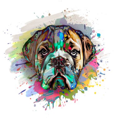 Beyaz arkaplanda yaratıcı renkli soyut elementlere sahip köpek kafası