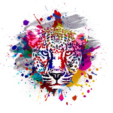 Açık arkaplanda yaratıcı renkli soyut elementlere sahip leopar başı