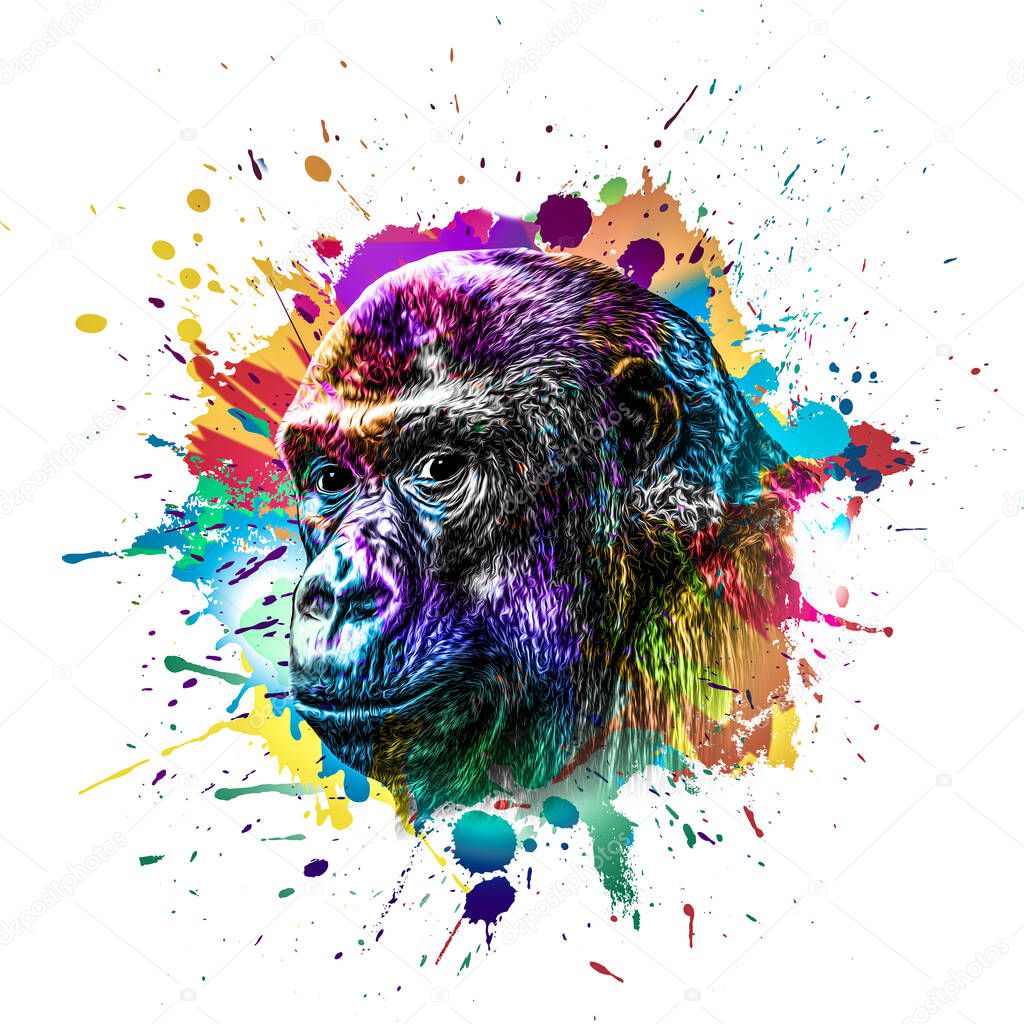 gorilla monkey head  with creative colorful abstract elements on dark background