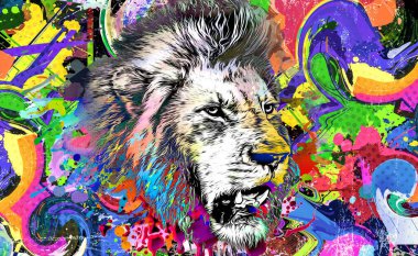 Koyu arkaplanda yaratıcı soyut elementlere sahip aslan başı