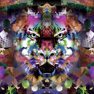 Koyu arkaplanda yaratıcı renkli soyut elementlere sahip kaplan kafası