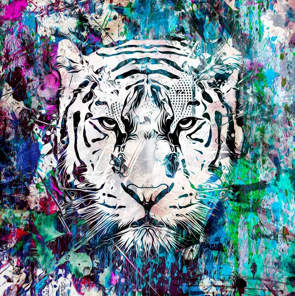 Cabeza Tigre Con Elementos Abstractos Coloridos Creativos Sobre Fondo Oscuro — Foto de Stock