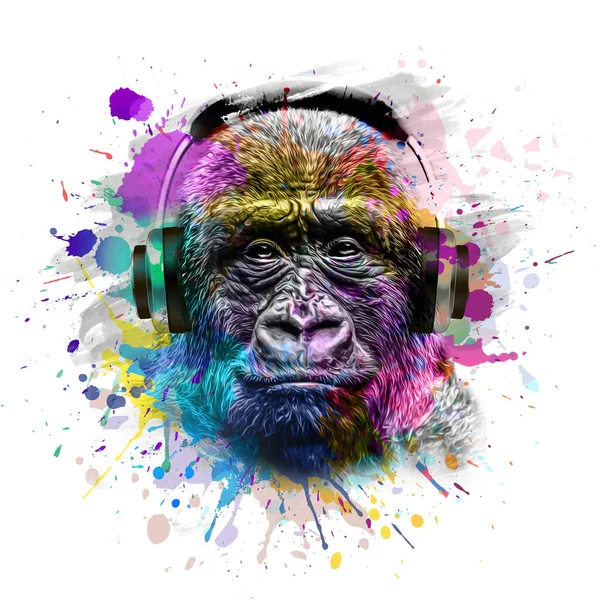 Gorilla Cabeça Macaco Fone Ouvido Com Elementos Abstratos Coloridos Criativos — Fotografia de Stock