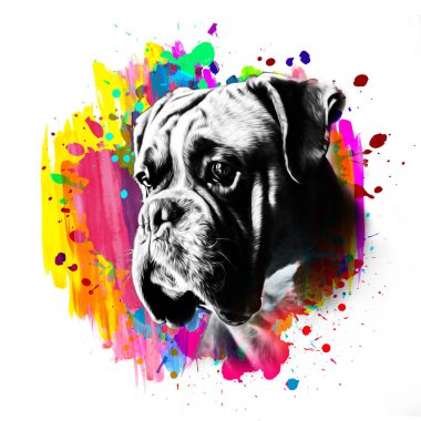 Açık arkaplanda yaratıcı renkli soyut elementlere sahip boksör köpek kafası