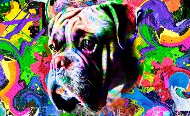Arkaplanda yaratıcı renkli soyut unsurlara sahip boksör köpek kafası