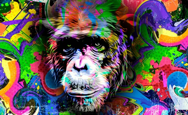 暗い背景に創造的なカラフルな抽象的な要素を持つ猿の頭 — ストック写真
