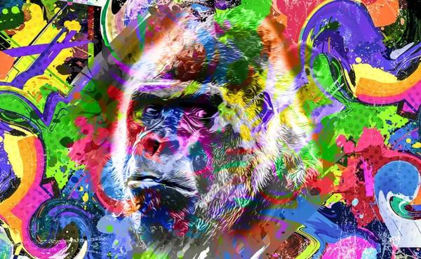 Gorilla Apa Huvud Med Kreativa Färgglada Abstrakta Element Mörk Bakgrund — Stockfoto