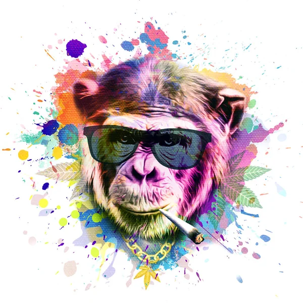 明るい背景にタバコと創造的なカラフルな抽象的な要素を持つサングラスの猿の頭 — ストック写真
