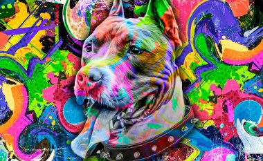 Koyu arkaplanda yaratıcı soyut elementlere sahip pitbull köpek kafası.