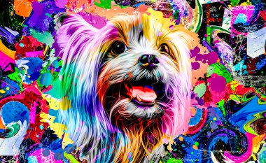 Yorkshire Terrier köpek kafası koyu arkaplan üzerinde yaratıcı renkli soyut elementlerle