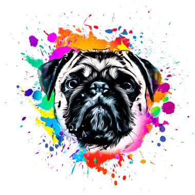 Açık arkaplanda yaratıcı renkli soyut elementlere sahip pug-dog kafası