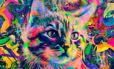 Koyu arkaplanda yaratıcı soyut elementlere sahip kedi kafası
