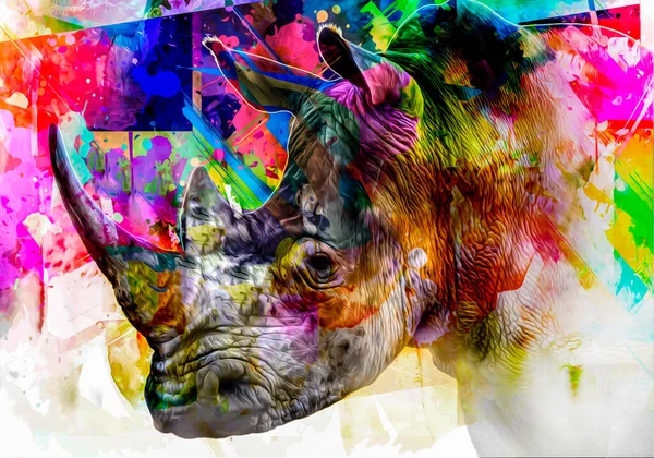 Nashornkopf Mit Kreativen Bunten Abstrakten Elementen Auf Dunklem Hintergrund — Stockfoto