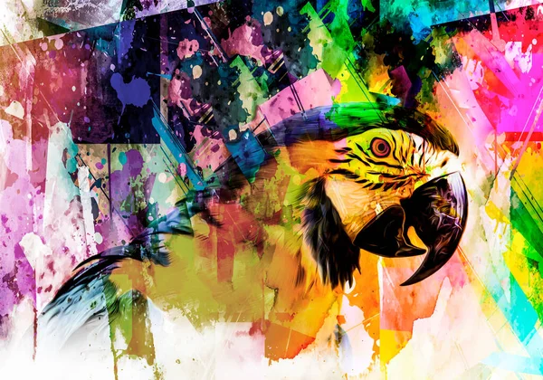 abstract colored parrot with colorful paint splashes on background