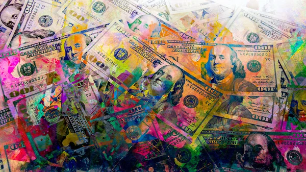 Banconote Dollari Con Elementi Astratti Colorati Creativi Sfondo Scuro — Foto Stock