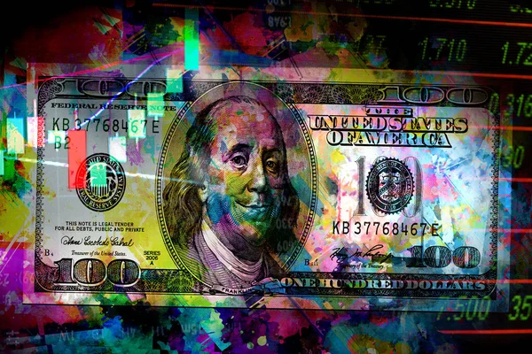 Τραπεζογραμμάτιο Δολαρίου Δημιουργικά Χρωματιστά Αφηρημένα Στοιχεία Σκούρο Φόντο — Φωτογραφία Αρχείου