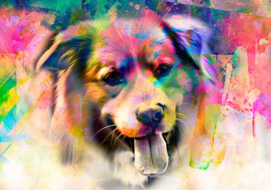 Koyu arkaplanda yaratıcı renkli soyut elementlere sahip köpek kafası