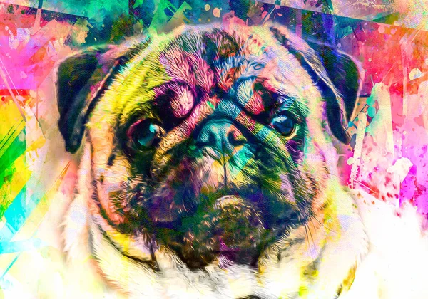 pug dog head with creative colorful abstract elements on light background