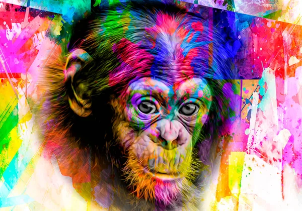白い背景に明るいペイントスプラッターのあるカラフルな芸術的な猿の銃口 — ストック写真