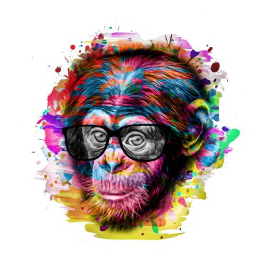 Beyaz arka planda parlak boya lekeleri olan gözlüklü renkli sanatçı maymun ağızlığı..